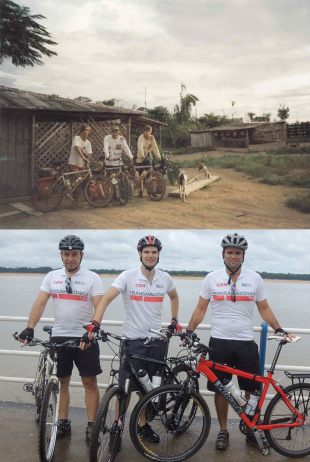 Na primeira foto, feita em 1992, grupo pioneiro de ciclistas que percorreu cerca de 2.500 km da rodovia Transamazônica. Na segunda imagem, a nova formação: (da esquerda para a direita) Osvaldo Stella, Rodrigo Zanella e Magno Botelho (Foto: Divulgação)